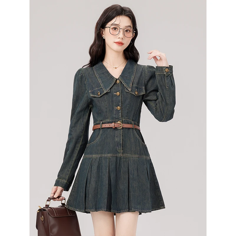 Корейская серия ретро-преппи джинсовое платье женская осенняя новая маленькая
