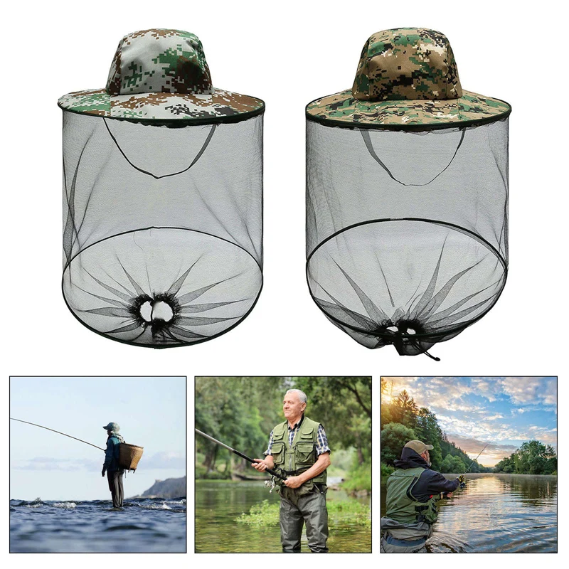 

Male Fishing Hat Camouflage Anti-bee Insect Anti-mosquito Net Anti-insect Hat Mesh Fishing Hat Outdoor Hat with Sun Cover
