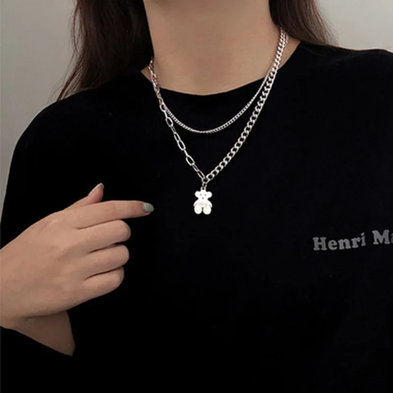

Hip-hop Double-layer Necklace Bear Pendant Female Fashion Niche Design Jumping New Clavicle Chain Female Sen Simple Necklace