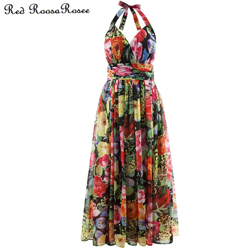

Red RoosaRosee Sexy V-neck Collar Backless Floral Print Long Holiday Strap New Dresses Female Designer 2022 Vestidos Robe Femme
