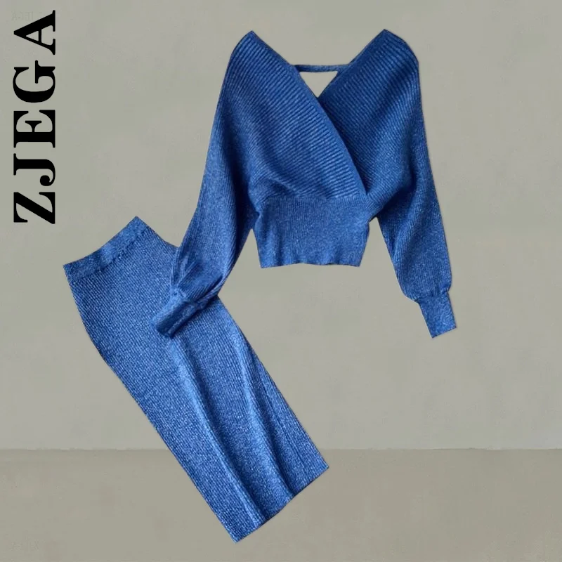 

Zjega Fashion V-neck sweater bat sleeve high waist bright silk knit bag hip skirt Two Piece Set Soft Sweatsuits For Women