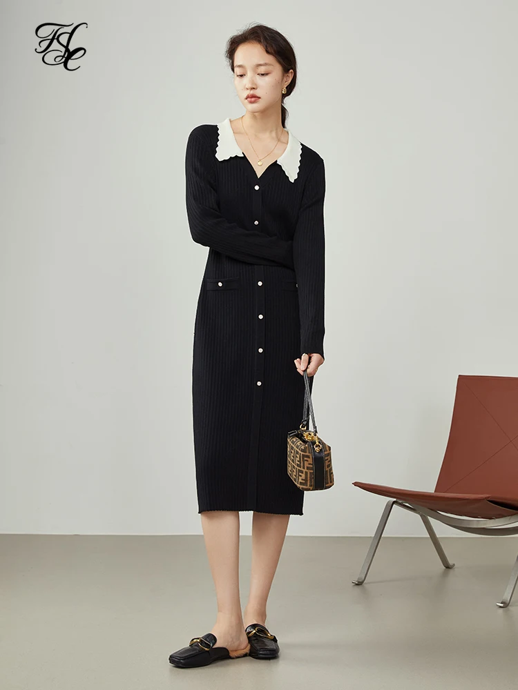 

FSLE Women's Slimming Sweet Beauty Doll Collar Knitted Dress Women Contrasting Design Buttons Long Black Simple Dress