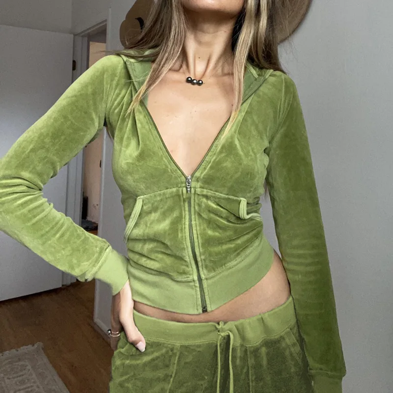 

Женская бархатная укороченная куртка на молнии, однотонная Осенняя толстовка с капюшоном, кардиган, женская мода, длинный рукав, блестящая одежда Y2K, уличная одежда