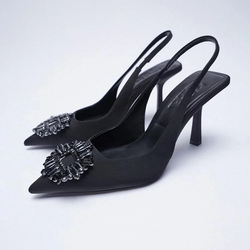 Summer Womens High Heel Shoes Crystal Slingback Pumps Black Pointed Toe Rhinestones Sandals Party Wedding Bride Heels Shoes