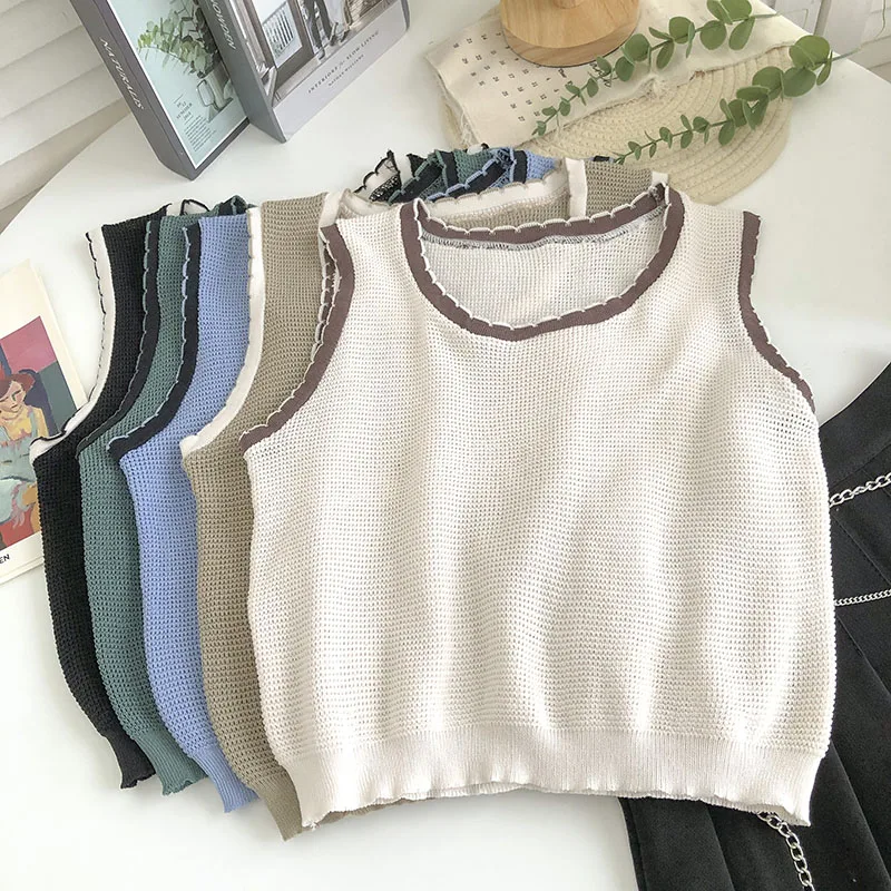

Plain Outwear Camisole Fashion Knitted Crop Top Y2k O Neck Vest Basic Cami Ruched Sleeveless Tanks Women Clothes Dropshipping