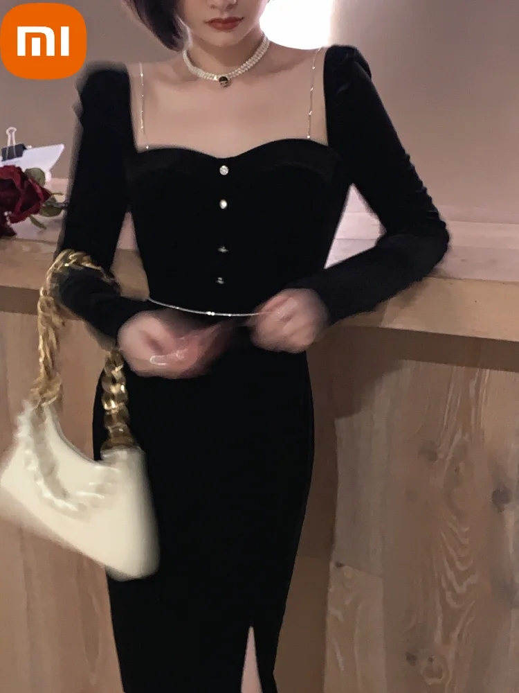 

XIAOMI Black Sexy Elegant Dress Women Autumn France Vintage Evening Party Midi Dresses Casual Designer Korean Fashion Clothing