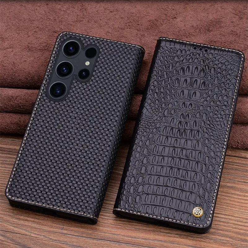

Business Genuine Premium Cowhide Leather Flip Case for Samsung Galaxy S23 Ultra S22 Plus Crocodile Grids Litchi Pattern Cover