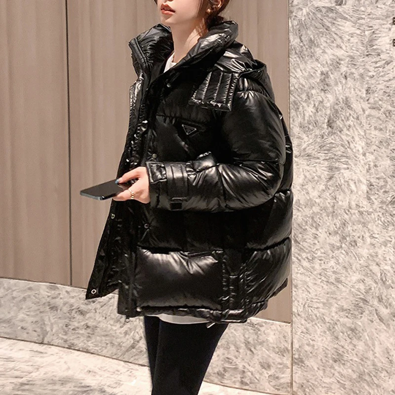 

Shiny Down Cotton Parkas Women Short 2022 Winter Korean Fashion Loose Warm Padded Jacket Female Oversized Hooded Outerwear