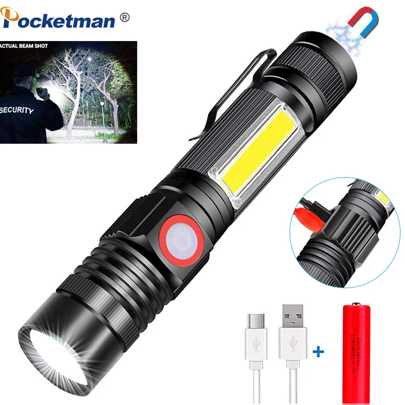 

LED Magnetic Flashlight Rechargeable Super Bright LED Torch With Side Work Light Zoomable Camping fishing Flashlights with Clip
