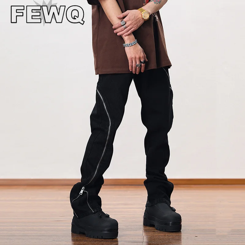 

FEWQ Wraparound Zipper Split Men's Jeans High Street Solid Color Male Denim Trousers Y2k Straight Pants 2023 Stylish New 24B2380