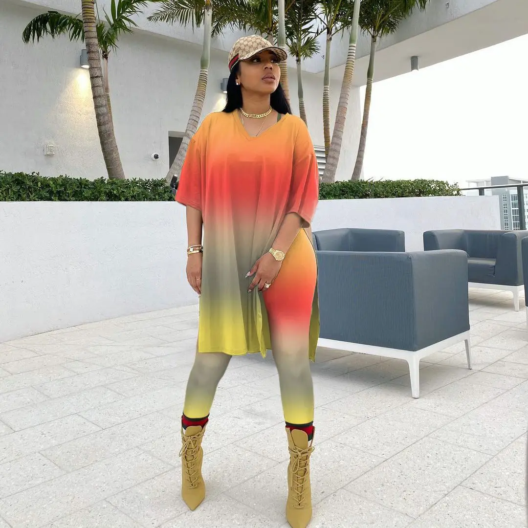 Plus Size Matching Set Tie Dye Long Shirt Top And Pant Female Casual Outfit Luxury Fashion Cloth 2023 Summer Women Two Piece Set