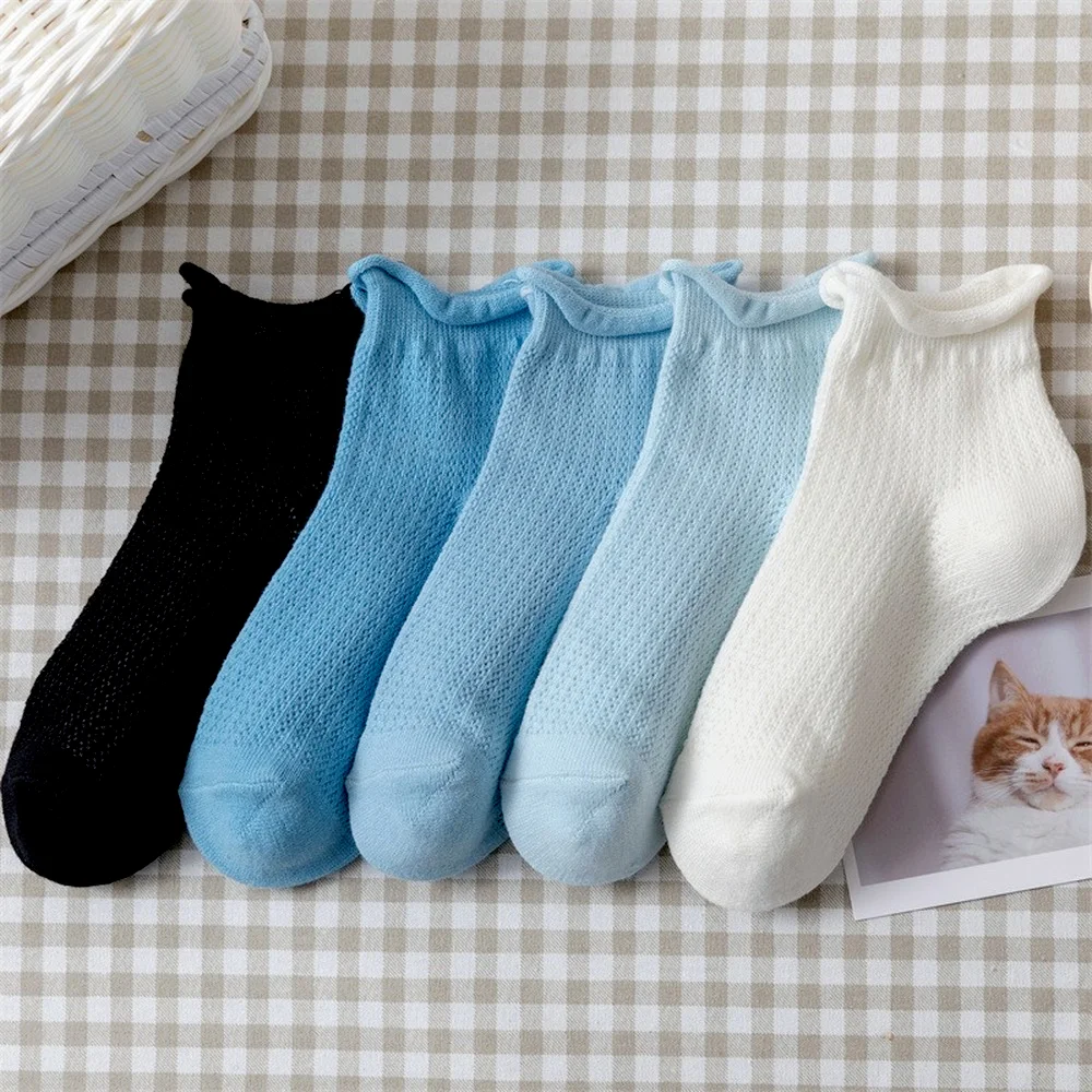 5 Pairs Spring and Summer Blue Shallow Mesh Short Tube Socks Cute Fashion Curling Hollow Breathable Women Cotton Socks