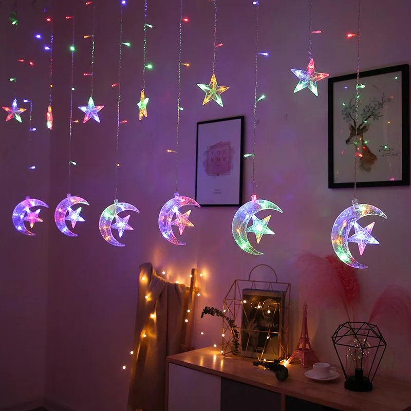 

220V Star Moon LED String Lights Fairy Decorations for Home Room Party Curtains Lamp Outdoor Decor Holiday Lighting Eid Mubarak