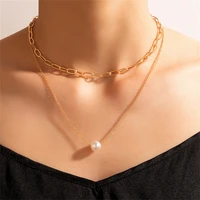 fashion gold color punk chain faux pearl pendant necklace for women female vintage multilayer simple wild girl gift jewelry