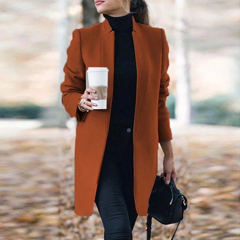 

Новинка Осень-зима 2021, Европейская и американская мода, однотонная шерстяная куртка с воротником-стойкой, Женская рабочая одежда, куртка, ка...