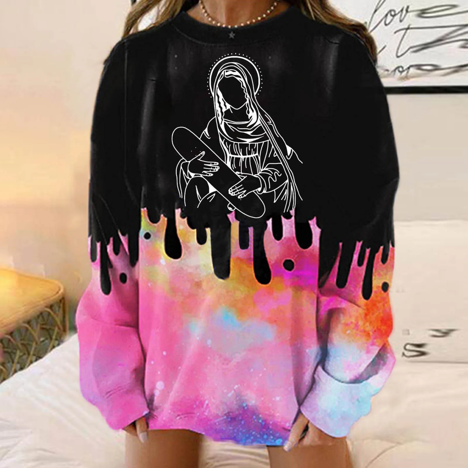 

Jacket Women Set Women's Halloween Loose Sweatshirts Long Sleeve Skeleton Tie-Dye Printed Crewneck Pullover Ladies Sweet Shirts