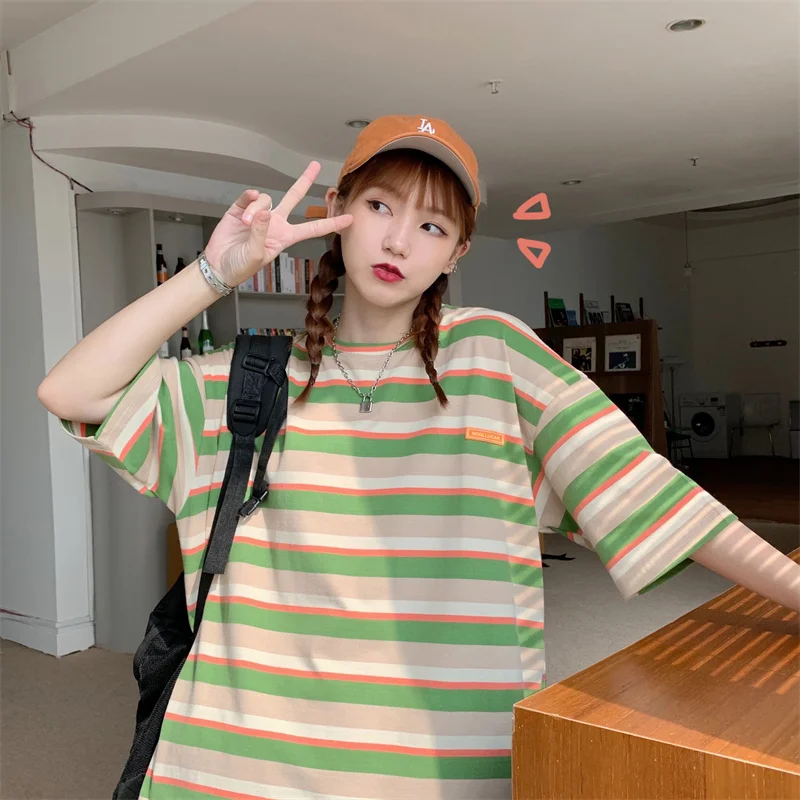 

6832 летняя полосатая футболка с коротким рукавом женская универсальная модная футболка в Корейском стиле с коротким рукавом в гонконгском с...