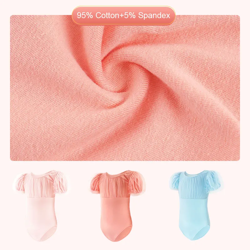Ballet Leotards Girls Cotton Splice Puff Short Sleeves Dance Leotards Gymnastics Leotard Ballet Dancing Bodysuit For Girls