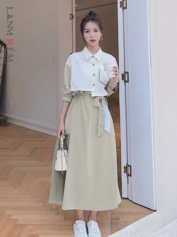 

LANMREM 2022 Autumn Dress for Women Lapel Single Breasted Female Patchwork Color Contrast Adjusted Waist Fashion Dresses 2J1365