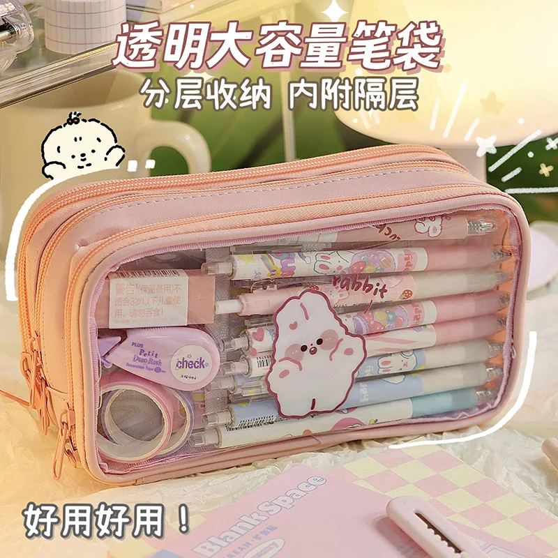 

Cute Bear Transparent Pencil Bag Student Cartoon Stationery Bag Large Capacity Pencil Bag Storage Bag