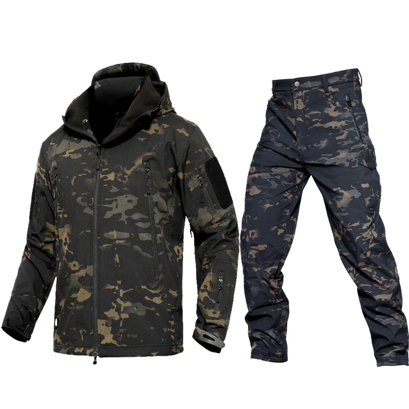 Outdoor Tactical Military Jacket Men TAD Softshell Fleece Camouflage Waterproof Jacket + Pants Camping Hiking Hunting Sport Suit