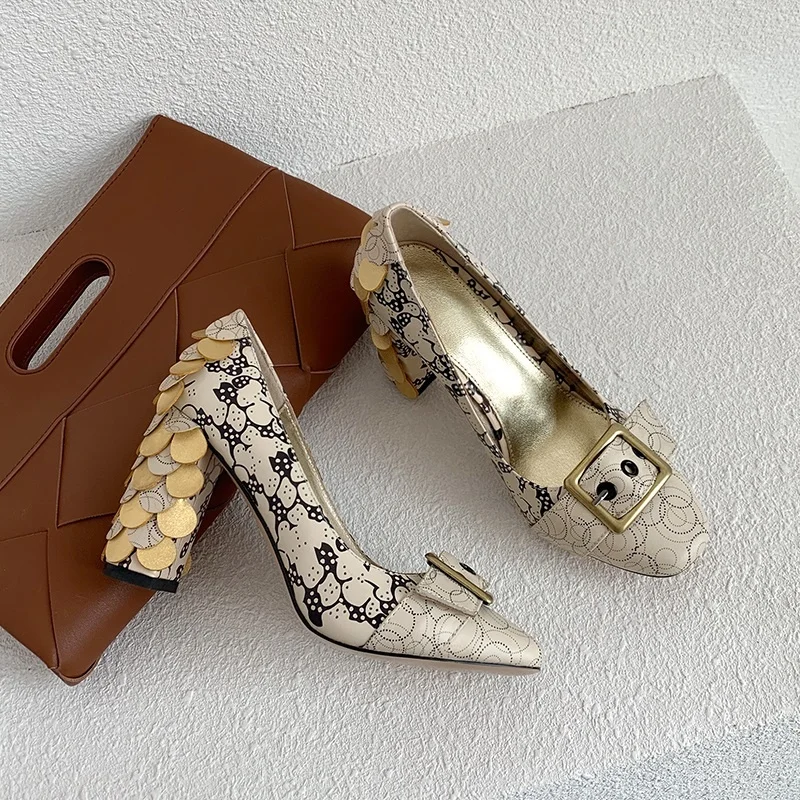 

Print Leather Women High Heels Ladies Buckle Slip On Party Pumps Special Design Female Wedding Shoes 9 CM