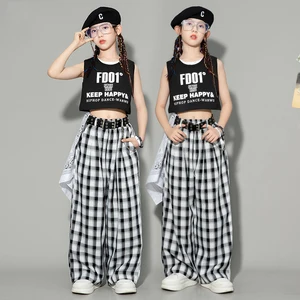 New Modern Jazz Dance Clothes For Girls Crop Tops Checked Pants Hip Hop Performance Suit Children Cheerlead Dance Wear BL11021