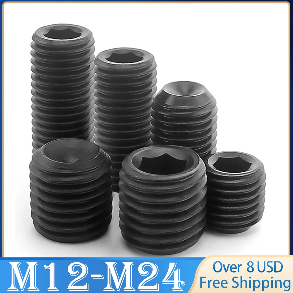 

1 ~ 10 pcs M12 M16 M20 M24 Fine Thread Black 12.9 Grade Steel Hex Hexagon Socket Headless Screw Concave End Set Bolt DIN916