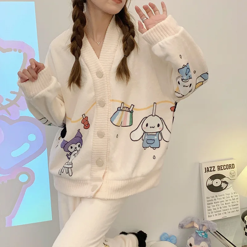 Women Fashion 2Pcs Suit Winter Warm Cardigan Cartoon Sweet Flannel Pajamas Set Home Clothes Female Fleece Thicken Soft Sleepwear