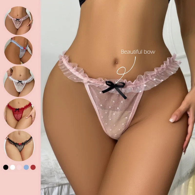 

Женские кружевные стринги 2022, сексуальные винтажные кружевные сетчатые трусики с бантом, модные соблазнительные прозрачные трусики с лент...