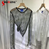 heavy embroidery hot drilling tshirt top women luxury shiny mesh breathable inner outer wear blouse 2022 summer t shirt clubwear