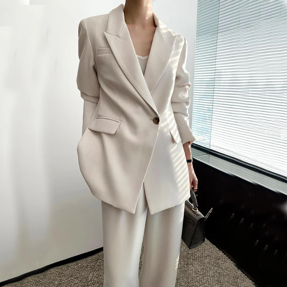 Women's Lapel Blazer Set of 2 Loose Ladies Suit Set 1 Button Chic Elegant Pant Set Women's Uniform