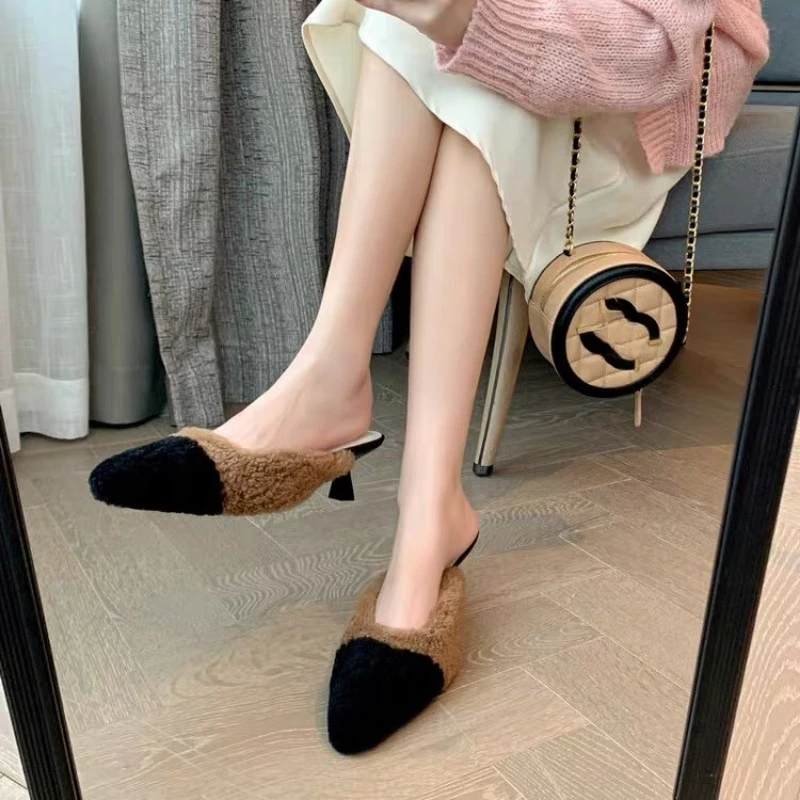 Новые роскошные меховые шлепанцы на каблуке с котенком женские плюшевые