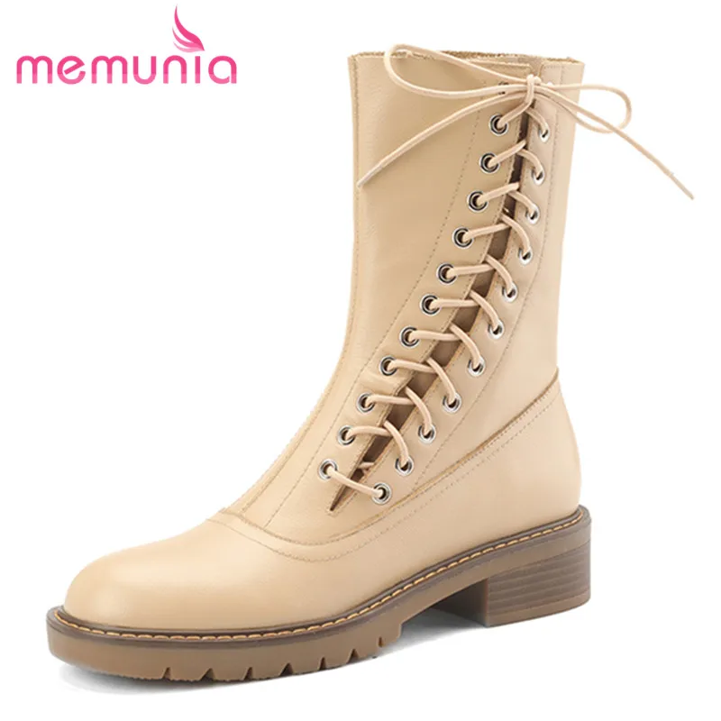 

MEMUNIA 2023 New Ladies Cross Tied Ankle Boots Genuine Leather Platform Women Boots Winter Thick Med Heels Shoes