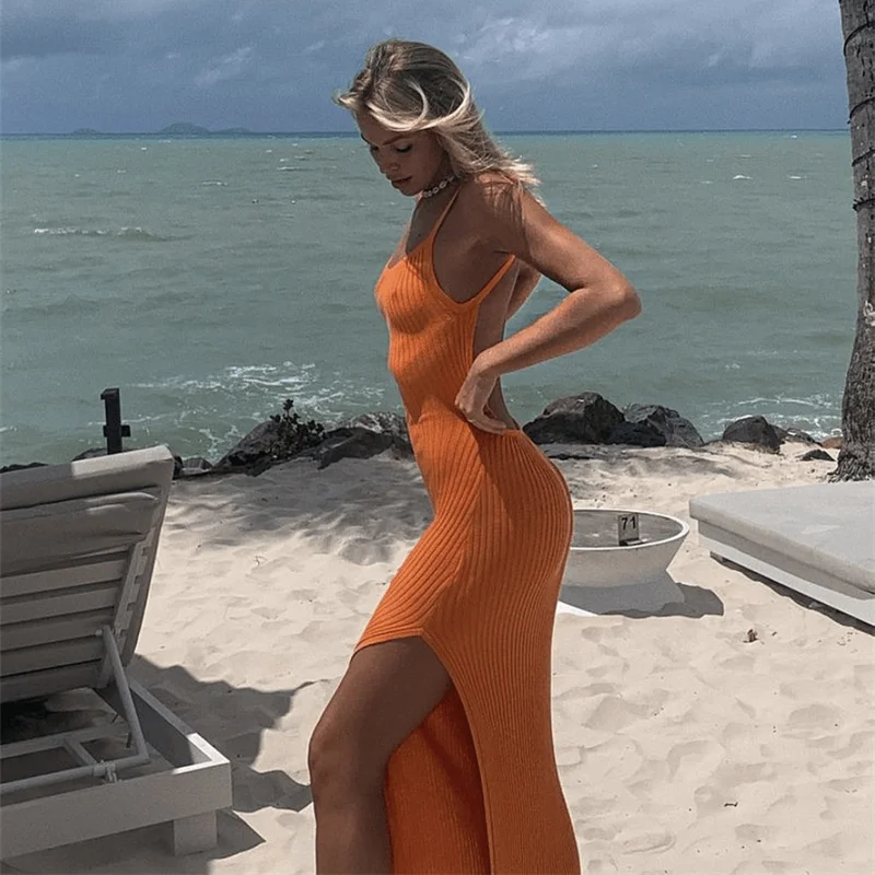 

Chic Women Sleeveless Slim Fit Slit Maxi Dress Sexy Backless Knitted Long Dress Summer Beach Holiday Club Party Night Streetwear