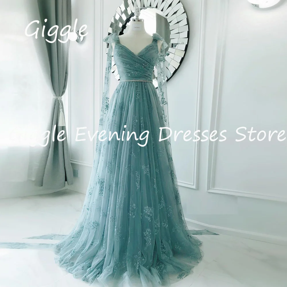 

Giggle Tulle A-line V-neck Lace Applique Ruffle Formal Elegant Prom Gown Saudi Floor Length Evening Party Dresses for Women 2023