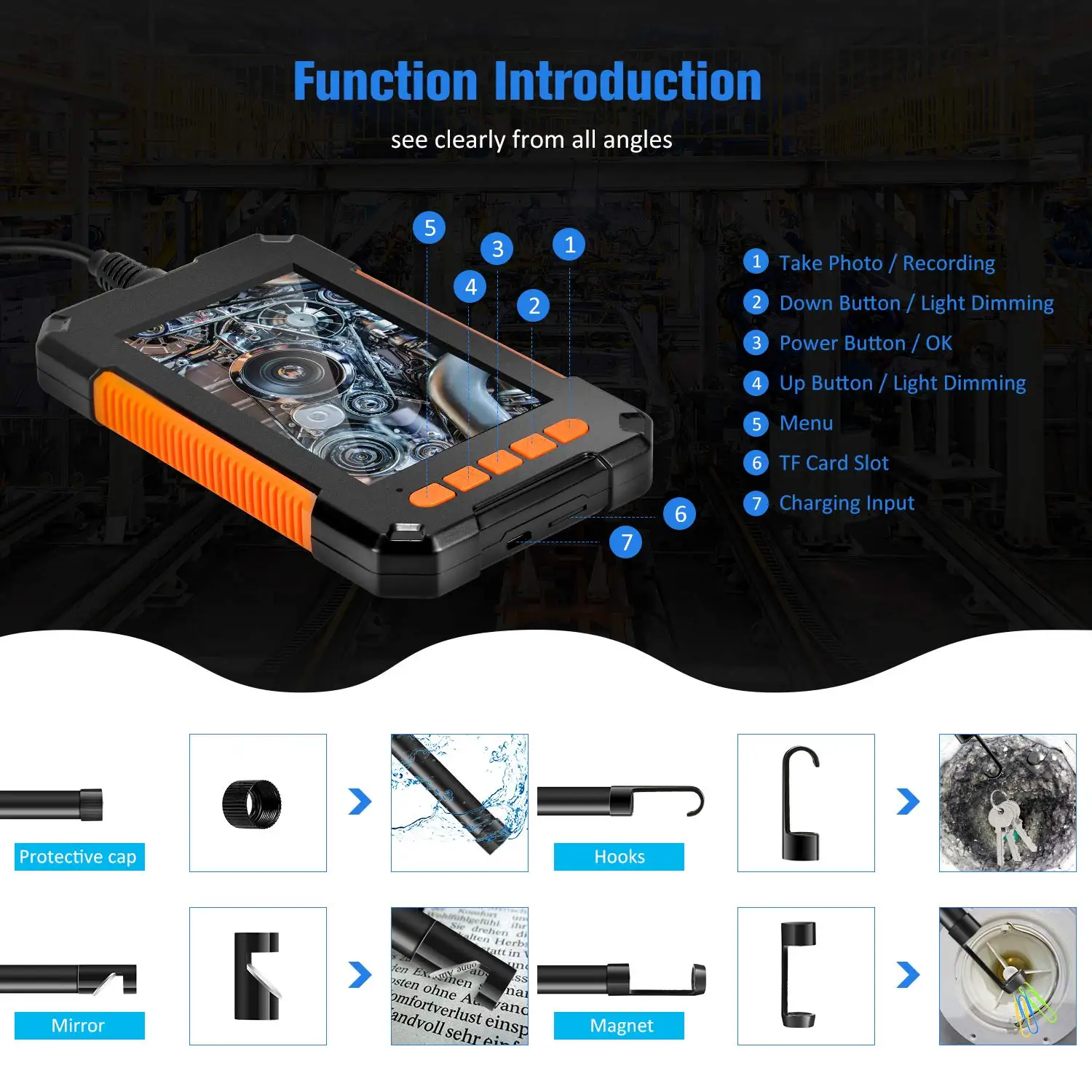 Industrial Endoscope Camera 1080P 4.3 Inch IPS Single Dual Lens Pipe Car Inspection Borescope IP68 Waterproof With LED