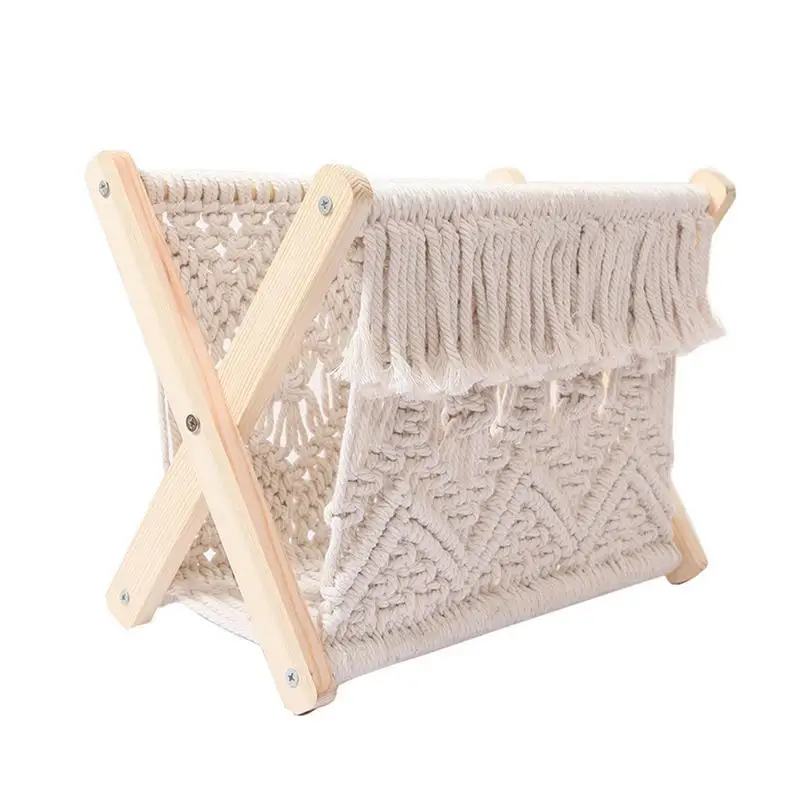 

Country Style Cotton Rope Woven Storage Rack Macrame Rack Small Boho Books Newspapers Holder Organizer