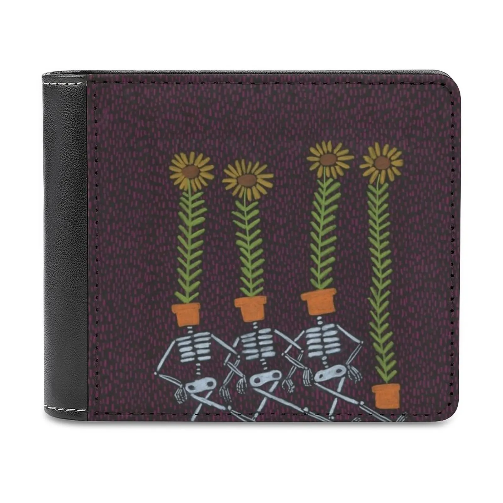 

Sunflower Skeletons Leather Wallet Credit Card Holder Luxury Wallet Colored Pencil Pattern Sunflower Flower Flowers Blue Yellow
