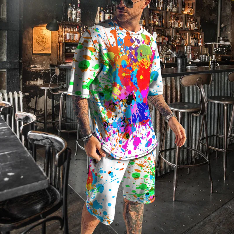 New Summer Men's T Shirt Set Splatter Colorful Paint Stains 3D Printed Short Sleeve Clothing Daily Casual 2 Piece Oversized Suit