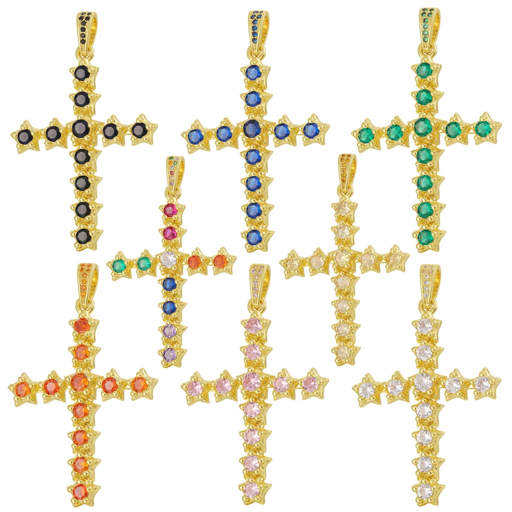 

Juya Colorful Zirconia Religious 18K Real Gold Plated Christian Cross Charms For DIY Talisman Prayer Pendant Jewelry Making