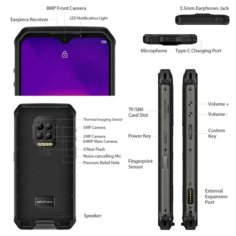Ulefone Armor 9 Rugged Phone Waterproof Thermal Imaging Camera 8GB+128GB ROM Android MTK Helio P90 Octa Core 2.2GHz 4G LTE NFC
