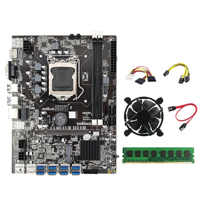 

Материнская плата B75 для майнинга, LGA1155 8 GPU USB3.0 к PCIE + охлаждающий вентилятор + SATA кабель + DDR3 4 Гб 1600 МГц ОЗУ для майнинга видеокарт