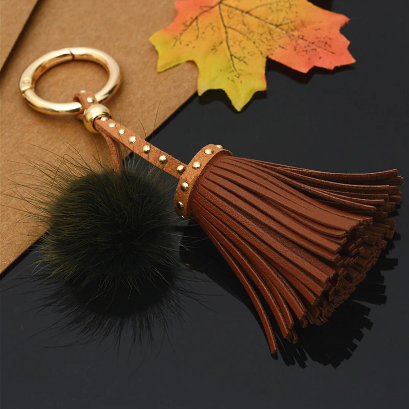 

Fashion Faux Leather Tassel For Keychain Suede Fur Ball Pompom Cellphone Straps DIY Pendant Charms Finding Key Holder Gift