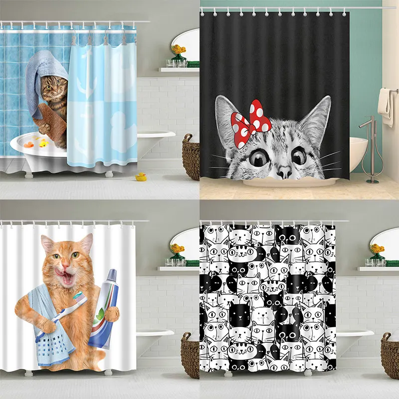 

Cortina de ducha con estampado 3D de gato para baño, visillo de poliéster impermeable, lavable,decoración de baño con 12 ganchos
