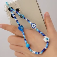 blue evil eye phone chain trendy multicolor beads pearl beaded mobile strap anti lost lanyard for women phone case charm jewelry