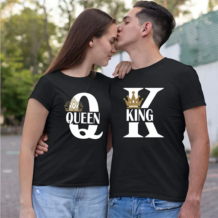 

Latest Summer Collection KING QUEEN Letter Print Design Solid Color Round Neck Couple Dress Summer Casual Couple T-Shirt Top