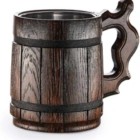 handmade oak wood stainless steel cup carved natural beer stein old fashioned brown wood carving beer mug for men capacity 20oz