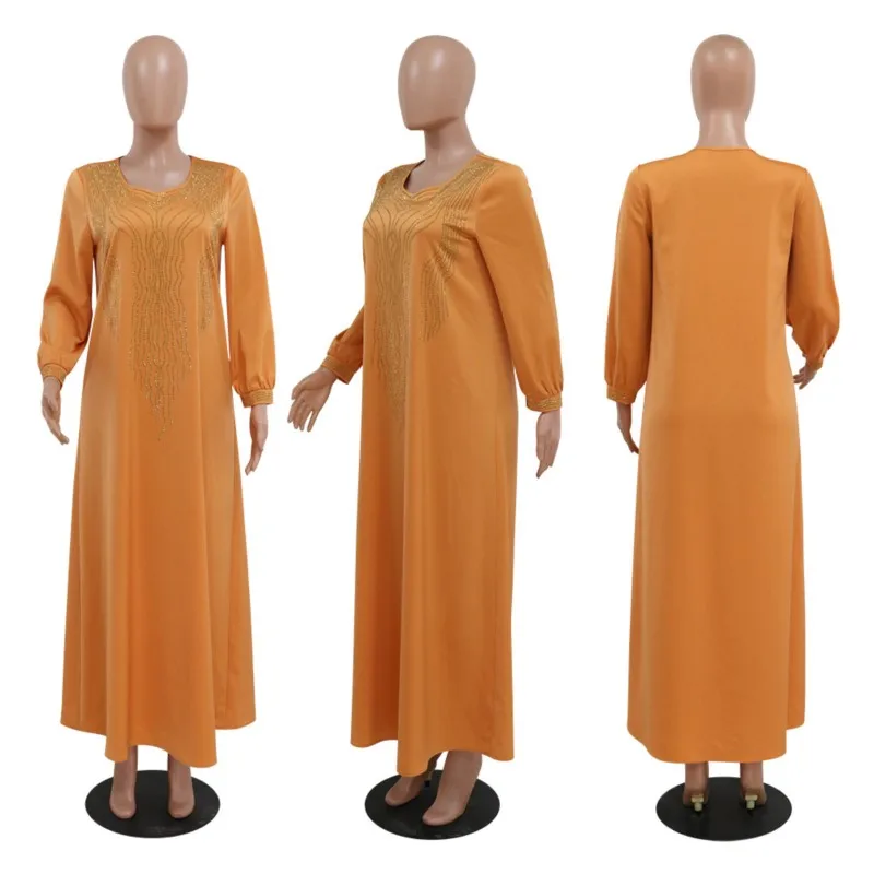 African Dress Elegant Women Loose Robe Muslim Maxi Dress Yellow Hot Diamond Long Sleeve Dress 2023 Casual Ethnic Costume Vestido