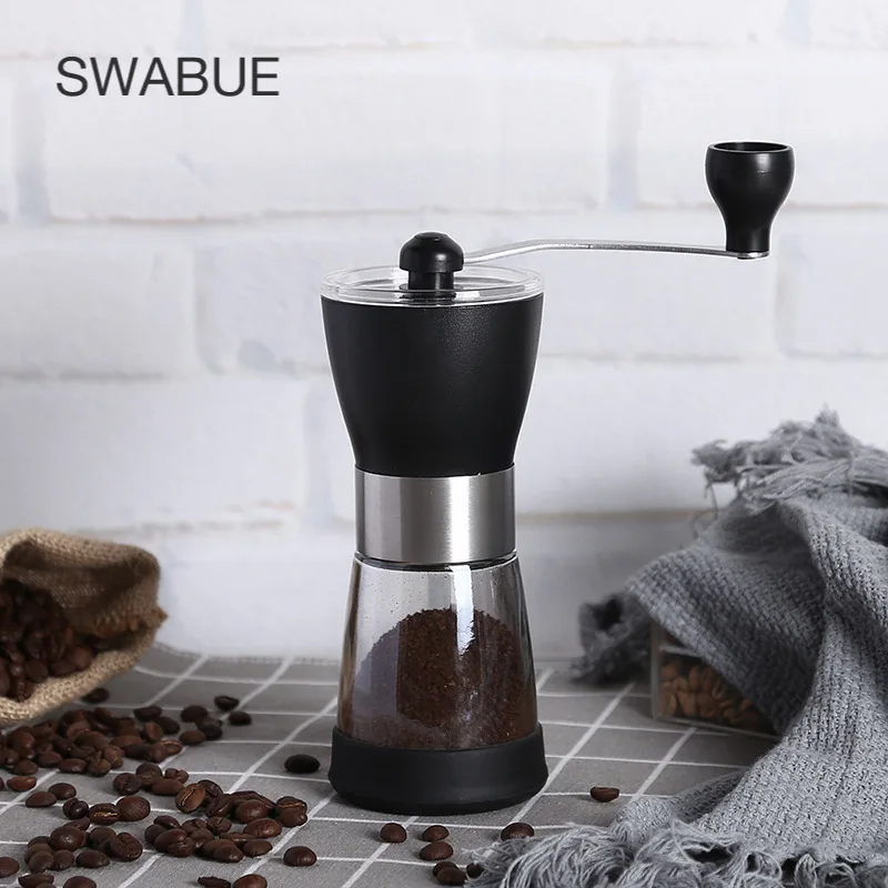 

Swabue Protable Manual Coffee Brans Grinder with Ceramic Core Home Use Glass Body Burr Adjustable Barista Coffee Maker Machine